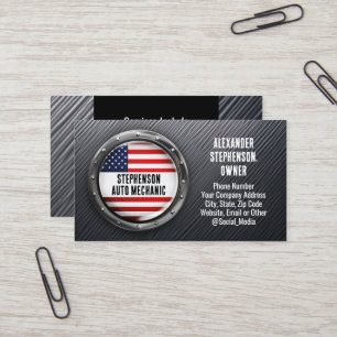 Cartão De Visita Metal Patriótico Bandeira Americana Carro Mecânico