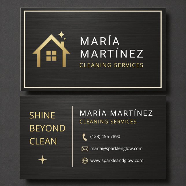 Cartão De Visita Metallic Black and Gold House Cleaning Services (Criador carregado)