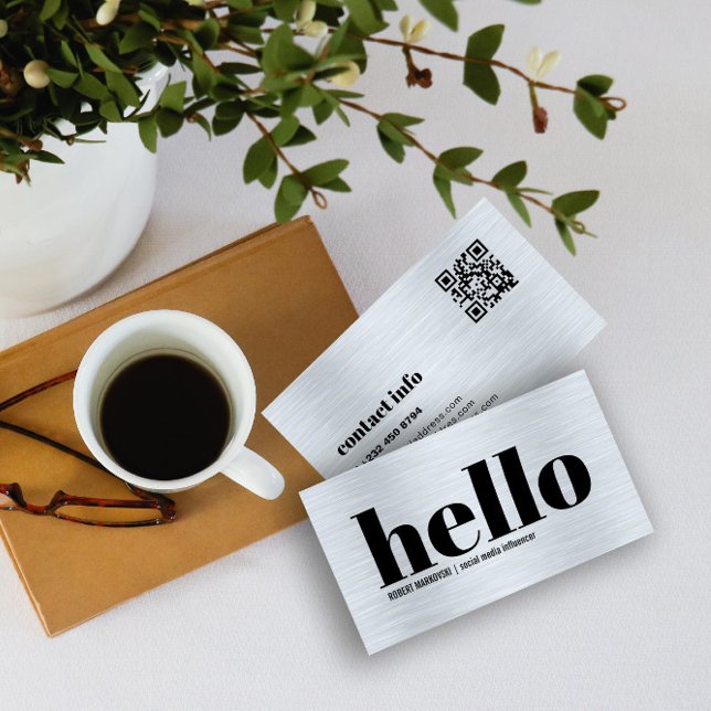 Cartão De Visita Metallic Gray Texture Simple Hello (Criador carregado)