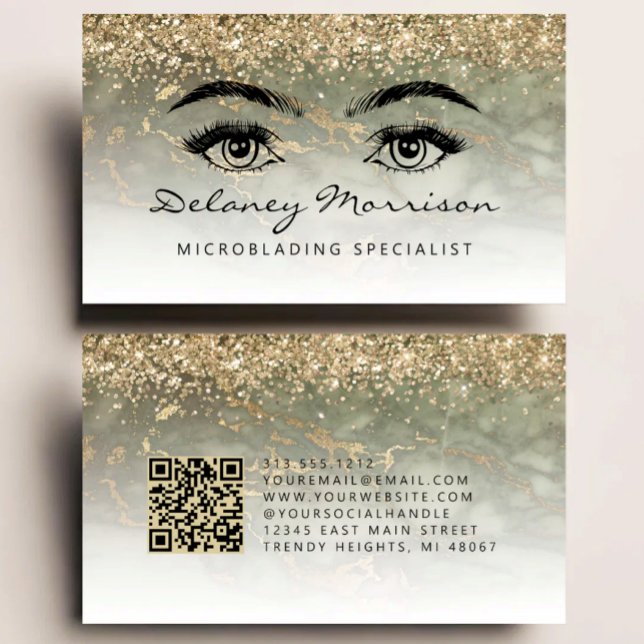 Cartão De Visita Microblading Código QR Olho de Mármore Dourado Ver (Criador carregado)