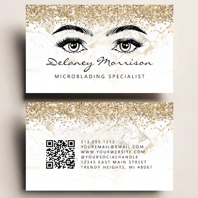 Cartão De Visita Microblading Código QR Olhos de Mármore Branco Dou (Criador carregado)