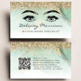Cartão De Visita Microblading Código QR Olhos de Mármore Dourado Ve