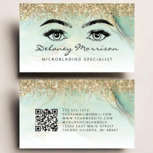 Cartão De Visita Microblading Código QR Olhos de Mármore Dourado Ve
