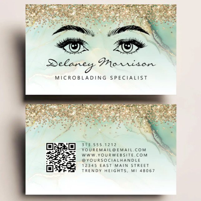 Cartão De Visita Microblading Código QR Olhos de Mármore Dourado Ve (Criador carregado)