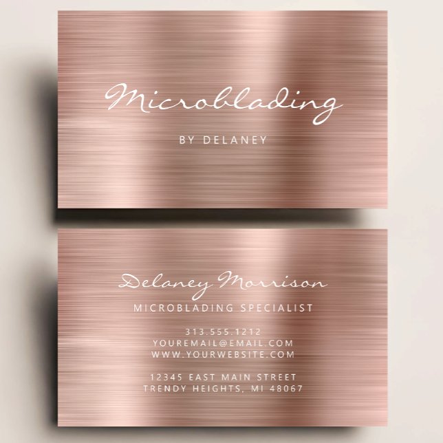 Cartão De Visita Microblading com Script de Metal Escovado em Rose  (Criador carregado)