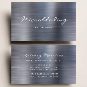 Cartão De Visita Microblading com Script de Metal Escovado Prateado