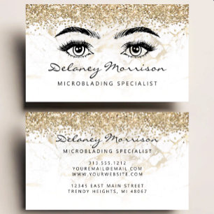 Cartão De Visita Microblading Olhos Glitter Dourado Mármore Branco