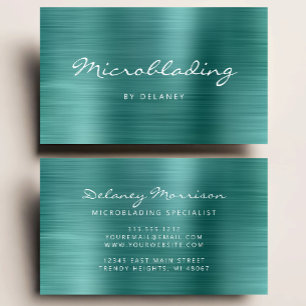 Cartão De Visita Microblading Roscrito em Metal Escovado Azul Turqu
