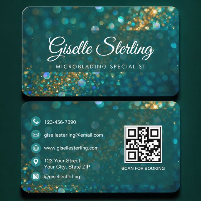 Cartão De Visita Microblading Verde Dourado Código QR Profissional (Criador carregado)