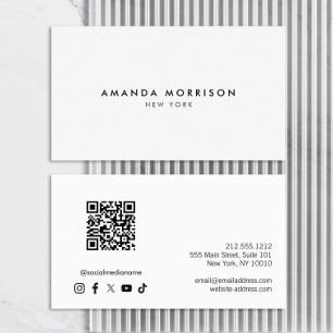 Cartão De Visita Mídia social com código QR branco de luxo minimali