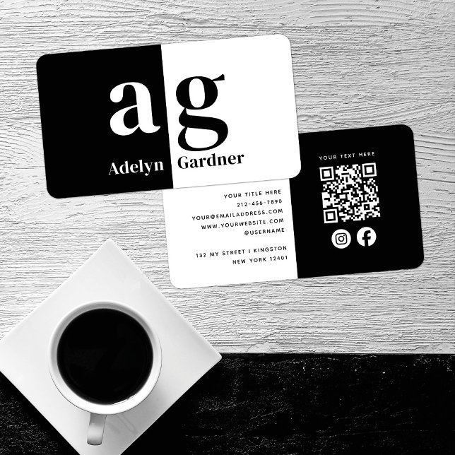 Cartão De Visita Mídia social com código QR de monograma branco pre (Criador carregado)