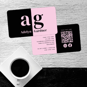 Cartão De Visita Mídia social com código QR de monograma preto-rosa