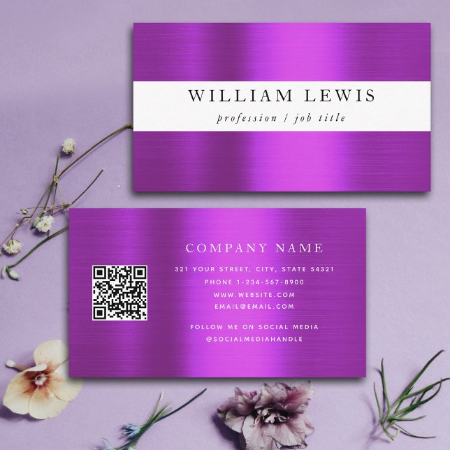 Cartão De Visita Mídia social com código QR profissional roxo metál (Metallic Purple Professional QR Code Social Media Business Card)