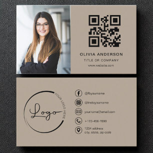 Cartão De Visita Mídia social de código QR marrom da foto profissio