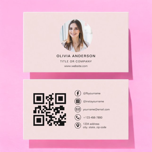 Cartão De Visita Mídia social de código QR rosa-Blush de foto profi (Criador carregado)