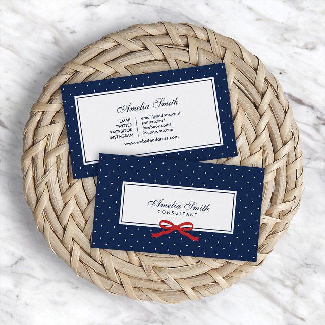 Cartão De Visita Mídia social de fita vermelha Bolinhas azul e bran (Criador carregado)