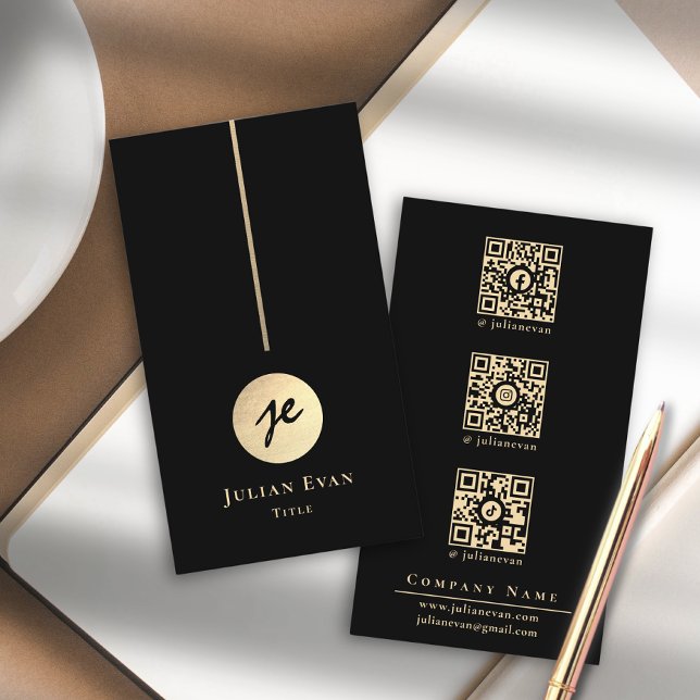 Cartão De Visita Mídia social Dourada e negra moderna Luxe (Modern Luxe Black & Gold Monogram Social Media Business Card)