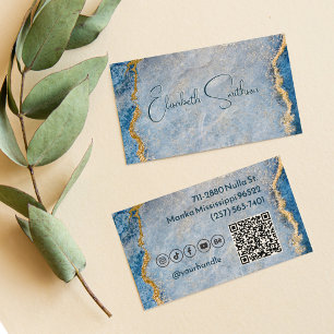 Cartão De Visita Mídia social e código QR do mármore azul e Dourado