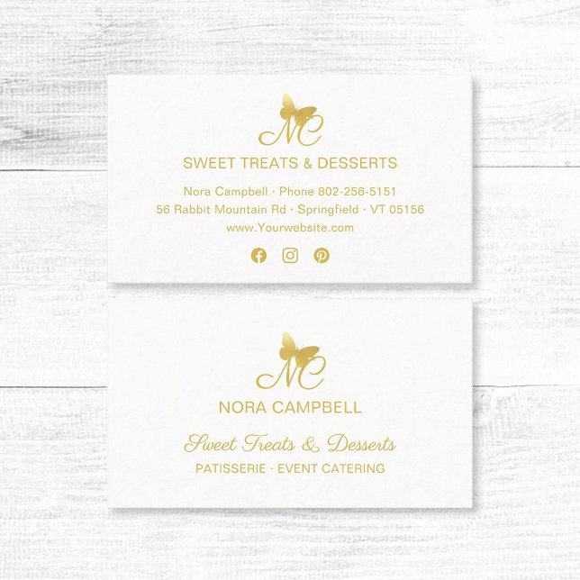 Cartão De Visita Mídia social Elegante Dourada Butterfly Monograma (Modern, elegant gold typography, butterfly monogram business card featuring social media icons.)