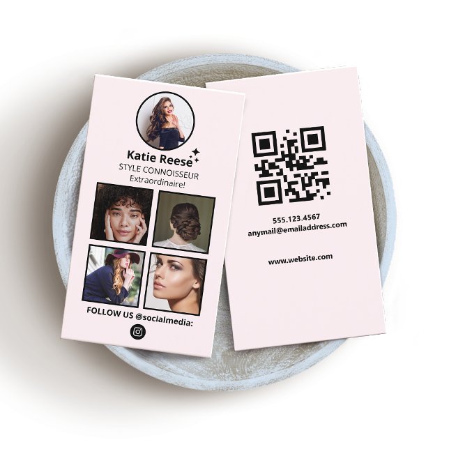 Cartão De Visita Mídia social, Instagram Foto Rosa (Pink Social Media, 4 Photo Grid, QR Code)