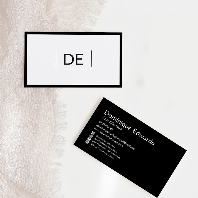 Cartão De Visita Mídia Social Negra Simples Monograma Profissional (Criador carregado)