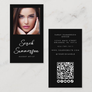 Cartão De Visita Mídia Social QR Foto Maquiagem Preto Branco