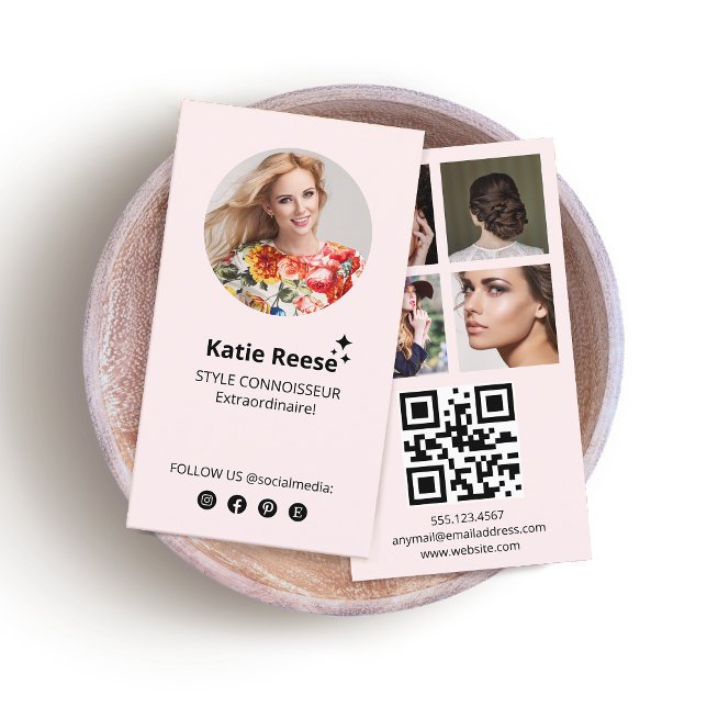 Cartão De Visita Mídia social rosa, Grade de fotos, código QR (pink 3 photo grid instagram social media networking business card with QR code)