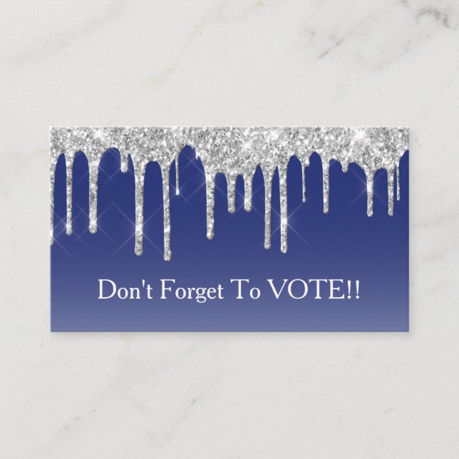 Cartão De Visita Midnight Blue Silver Glitter Drip Vote Reminder (Frente)