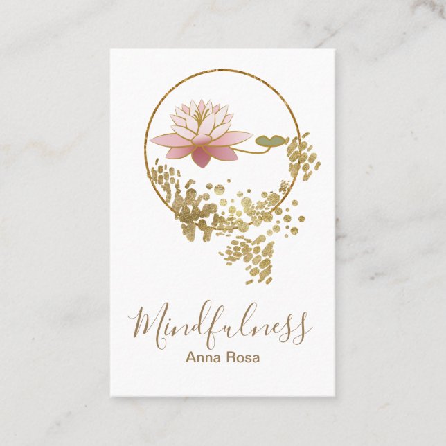 Cartão De Visita Mindfulness Dourado da meditação da ioga de Lotus (Frente)