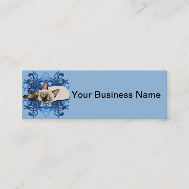 Cartão De Visita Mini Azul Elegante Floral Siamês Gato Bonito Felino (Frente)