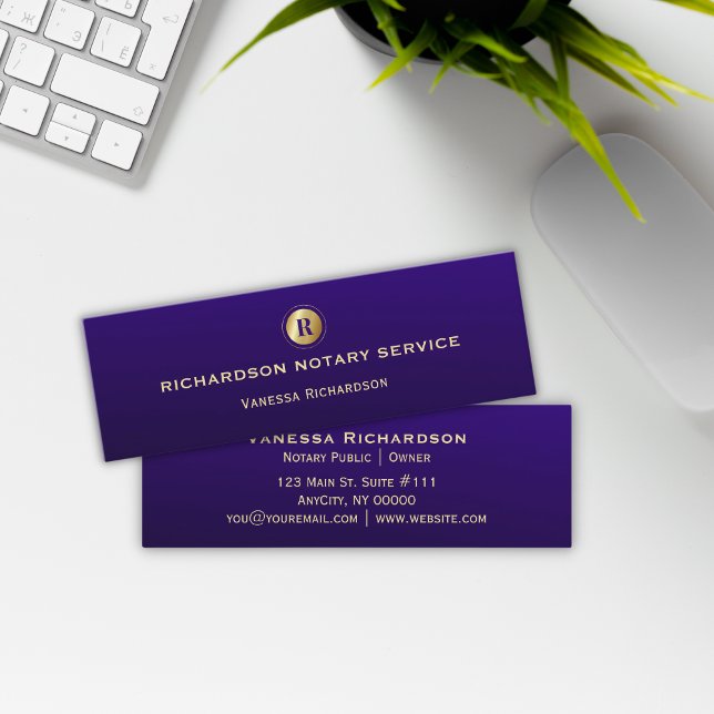 Cartão De Visita Mini Azul Escuro e Monograma Dourado Negócios Notórios  (Criador carregado)