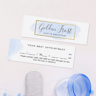 Cartão De Visita Mini Azul Pastel e Dourado Elegante Compromisso Aquarel