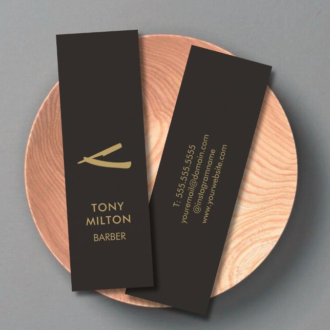 Cartão De Visita Mini Barbeiro Dourado Mínimo Elegante Negro Faux (Criador carregado)