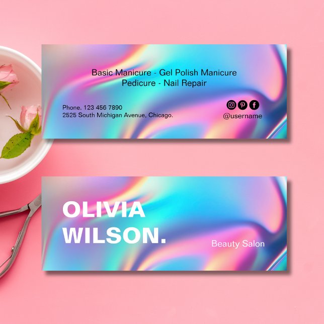 Cartão De Visita Mini Beleza dos ícones das mídias sociais esteticistas  (Holographic Aesthetician Social Media Icons Beauty Mini Business Card)