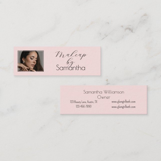 Cartão De Visita Mini Blush Pink Black Script Photo Makeup (Frente/Verso)