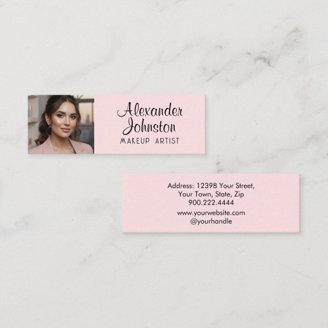 Cartão De Visita Mini Blush Pink Black Script Photo Makeup Business Card (Frente/Verso)