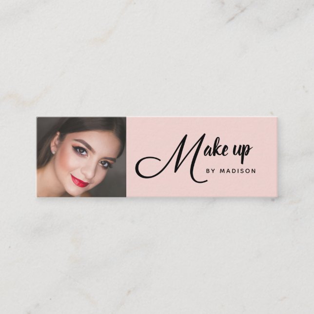 Cartão De Visita Mini Blush Pink Black Script Photo Makeup Mini Business (Frente)