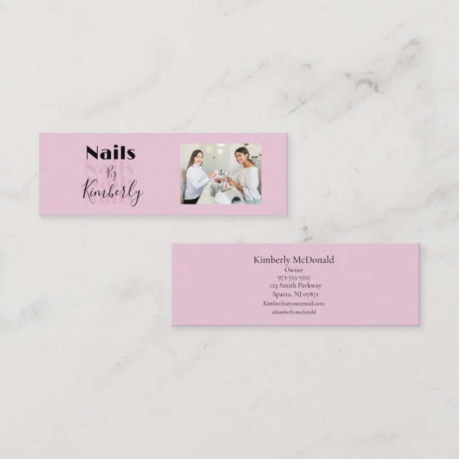 Cartão De Visita Mini Blush Pink Black Script Photo Nail Salon (Frente/Verso)