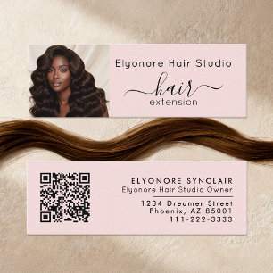 Cartão De Visita Mini Blush Pink Script Foto QR Social Extensão de Cabel