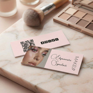 Cartão De Visita Mini Blush Rosa Preto Script Foto Maquiagem QR Social