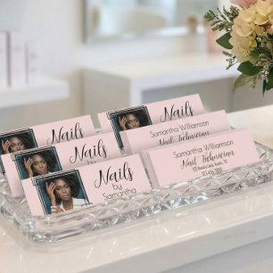 Cartão De Visita Mini Blush Rosa Preto Script Foto Unhas Negócios Mini