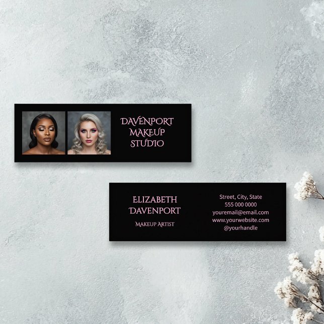 Cartão De Visita Mini Bold Black and Blush Pink 2 Photo (Criador carregado)