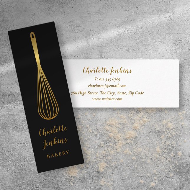 Cartão De Visita Mini Chef Dourado Elegante de Patisseriado Negro (Elegant Black Gold Whisk Patisserie Chef Mini Business Card)