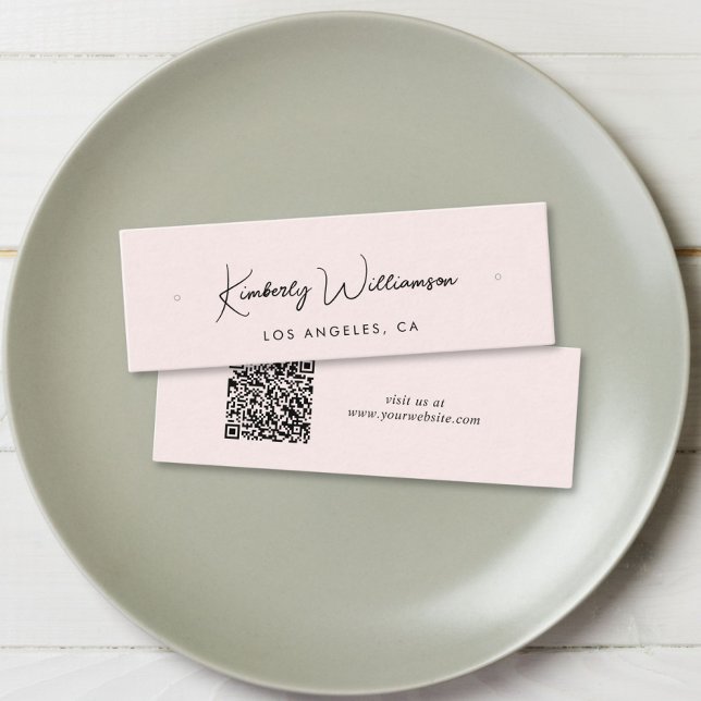 Cartão De Visita Mini Chic Script QR Code Earring Pink Display Card (Empower your name in our signature script as your logo and brand identity)