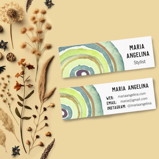 Cartão De Visita Mini Círculos de Aquarela Anéis Neutros Abstrato Verde (Mini business cards with a watercolor rings design. Customize with your own text)