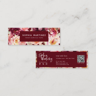 Cartão De Visita Mini Código QR Aquarela Floral Borgonha Outono