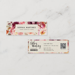 Cartão De Visita Mini Código QR Aquarela Floral Borgonha Outono