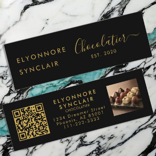 Cartão De Visita Mini Código QR Chocolatier Premium Black Gold Script