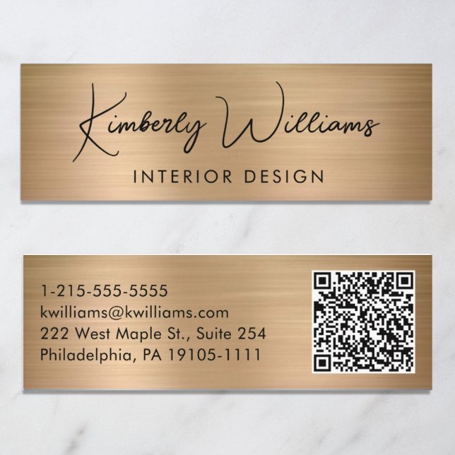 Cartão De Visita Mini Código QR de Script Moderno Profissional Dourado (Criador carregado)