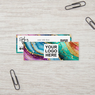 Cartão De Visita Mini Código QR & Logotipo Elegante Arco-íris Ágata dour